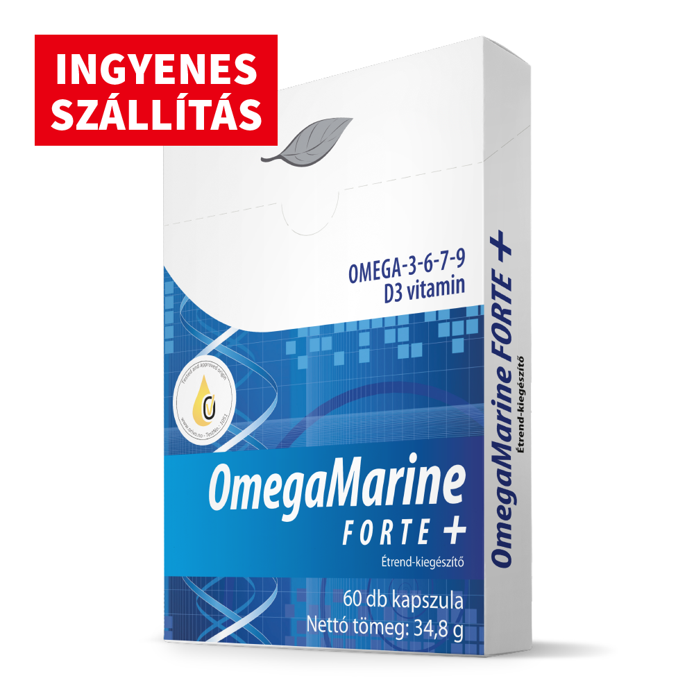 OmegaMarine Forte+ étrend-kiegészítő kapszula omega-3-6-7-9 és D3 vitaminnal, ingyenes szállítással.
