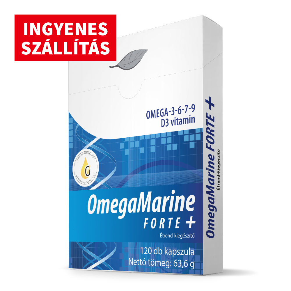 OmegaMarine forte étrend-kiegészítő kapszula Omega-3-6-7-9 és D3 vitaminnal, ingyenes szállítással.