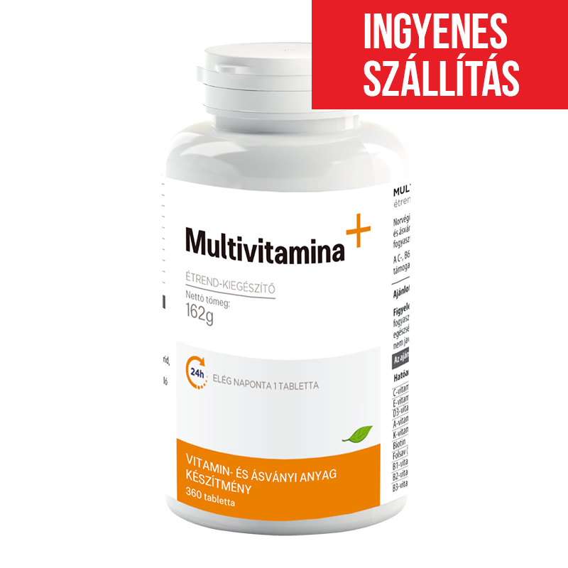 Fehér multivitamin étrend-kiegészítő tablettás doboz, 360 darab, vitamin- és ásványianyag tartalommal, ingyenes szállítással.