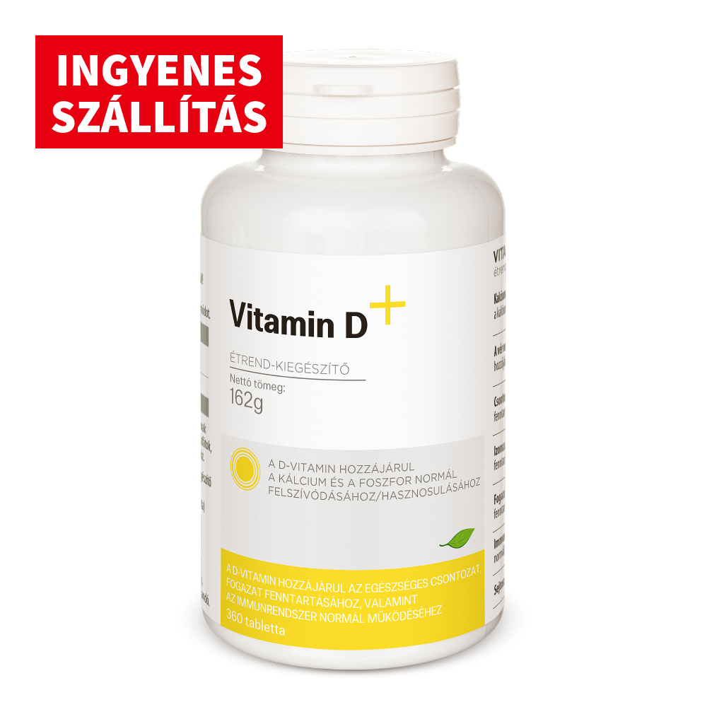 Vitamin D+ étrend-kiegészítő tabletta a csontok, fogak és immunrendszer támogatására, ingyenes szállítással.