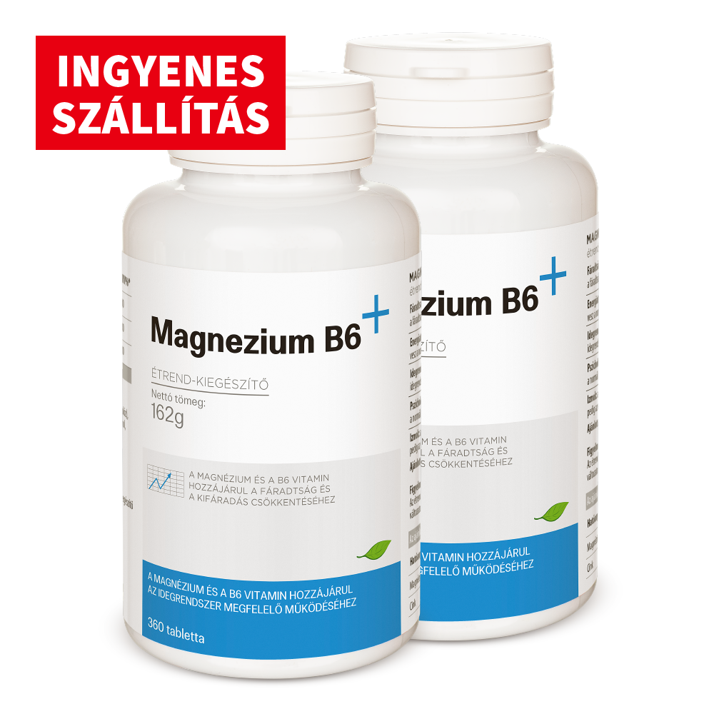 Magnezium B6 étrend-kiegészítő tabletták dobozai, kiemelt ingyenes szállítással az idegrendszer támogatásához.