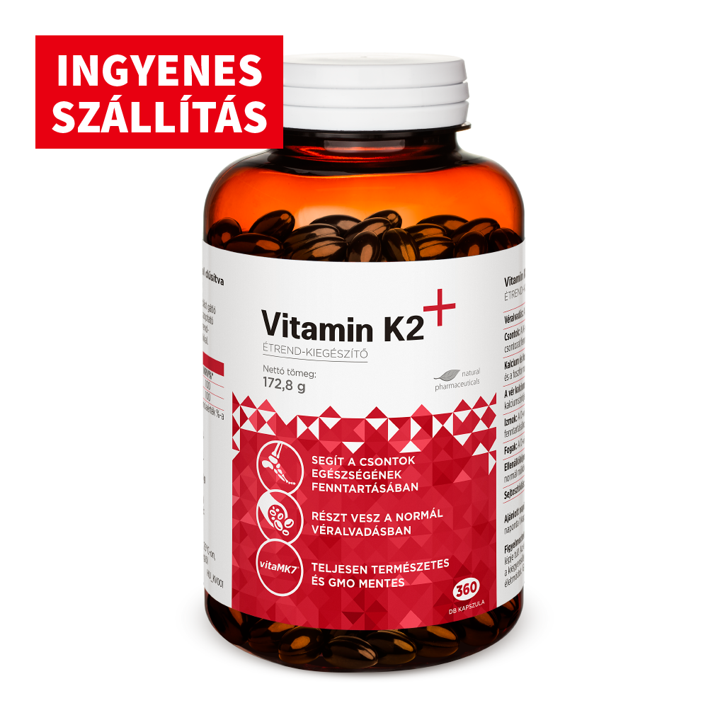 Vitamin K2 étel-kiegészítő kapszulák csontok egészségéhez és véralvadás támogatásához, GMO-mentes, ingyenes szállítással.