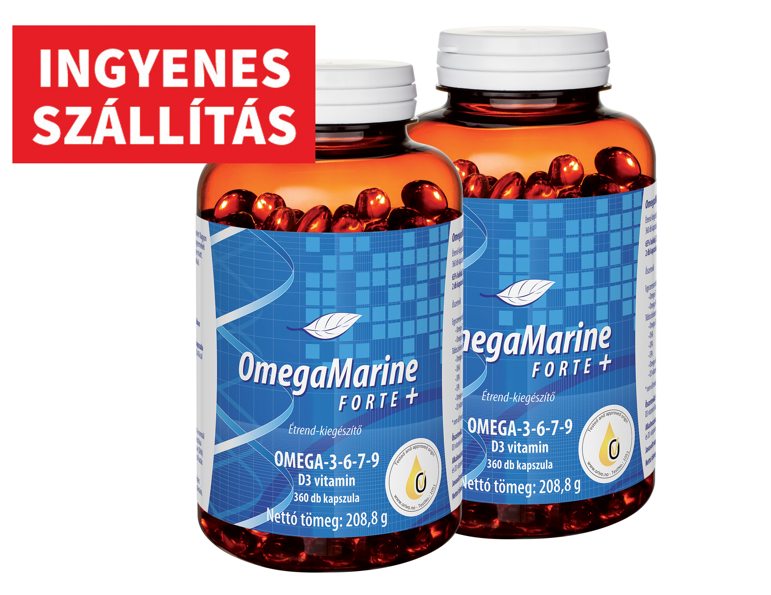 OmegaMarine Forte+ étrend-kiegészítő kapszula omega-3-6-7-9 zsírsavakkal és D3 vitaminnal, ingyenes szállítással.
