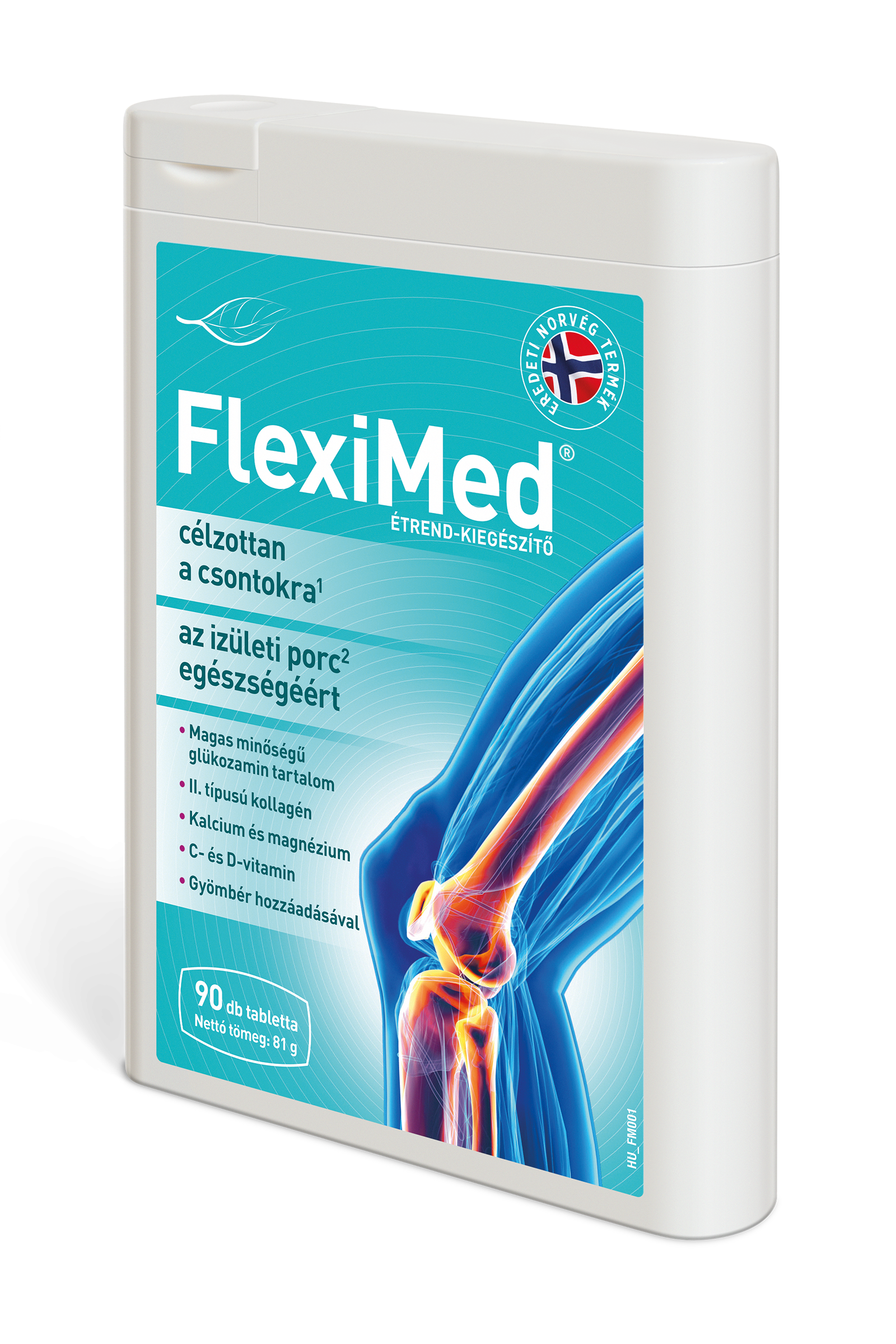 FlexiMed étrend-kiegészítő tabletta a csontok és ízületi porc egészségéért, glükozaminnal, kollagénnel, vitaminokkal.